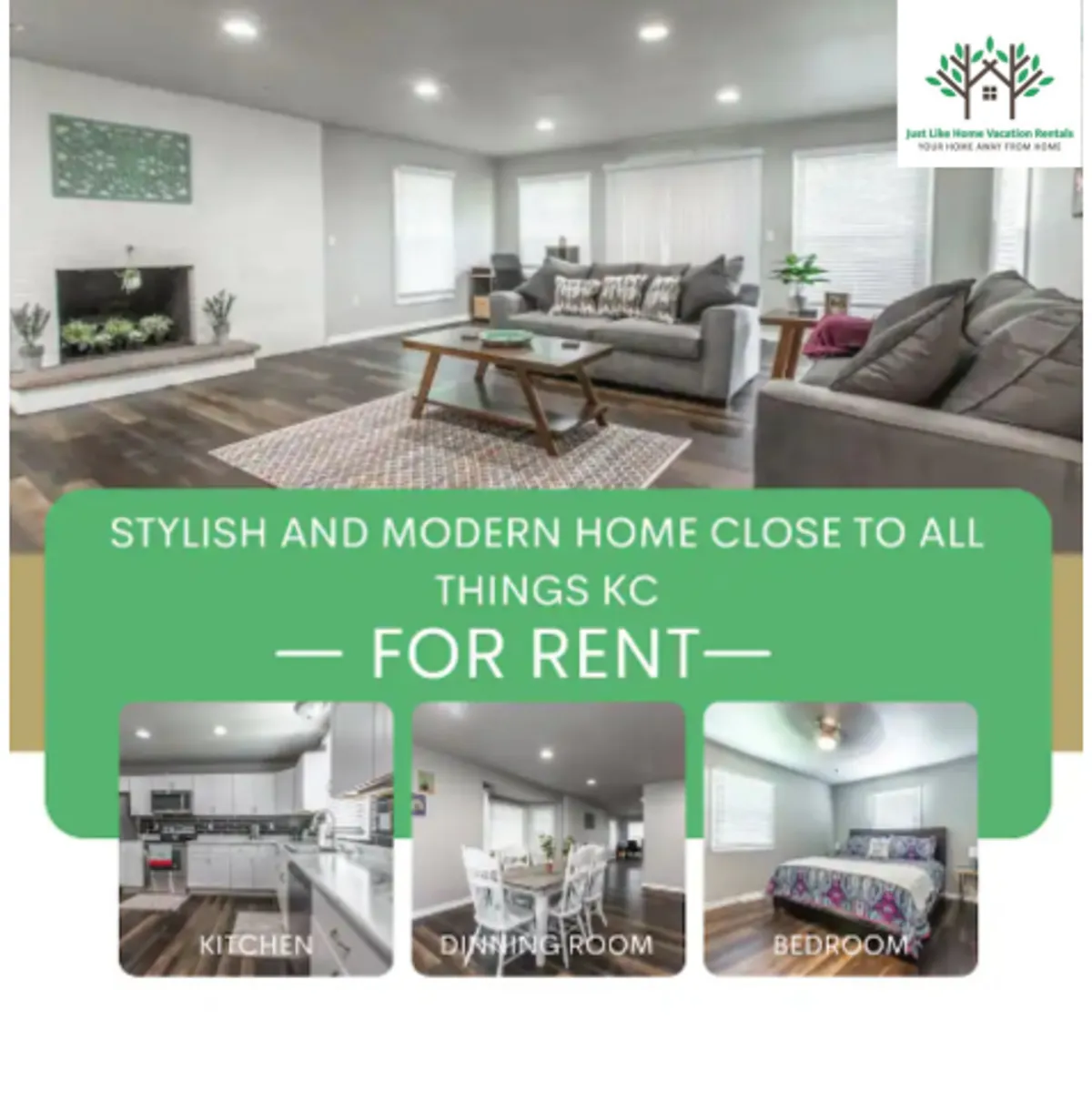 The image showcases a spacious and stylish living room featuring plush grey sofas arranged around a modern coffee table, with a beautifully decorated fireplace as the centerpiece. The room exudes comfort and warmth, perfect for gathering with friends and family.